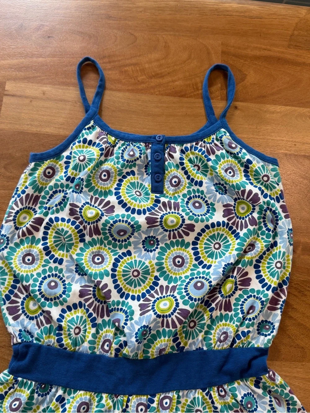 Tea Collection Blue Floral Geometric Romper with Green & Purple Accents Size 12